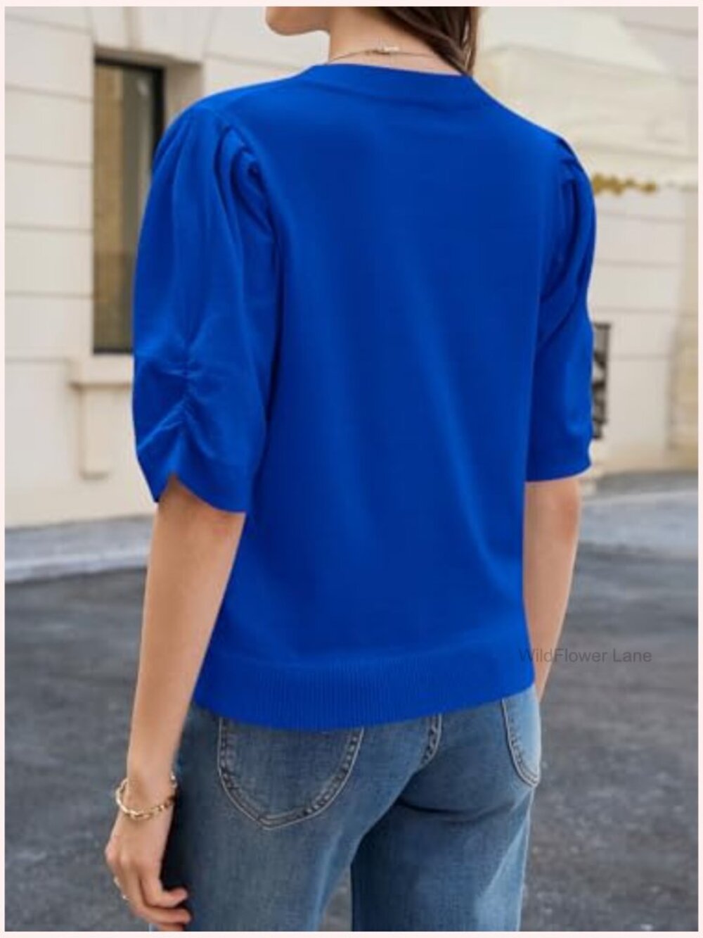 Puff Sleeve Sweater Top Ruffle Crew Neck Dressy Casual Loose Knit Pullover - Picture 6 of 7